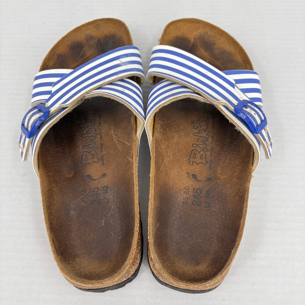 Birkenstock Slide Sandals Womens Size 7 Blue White Nautical Stripe Cross Strap - Picture 3 of 9
